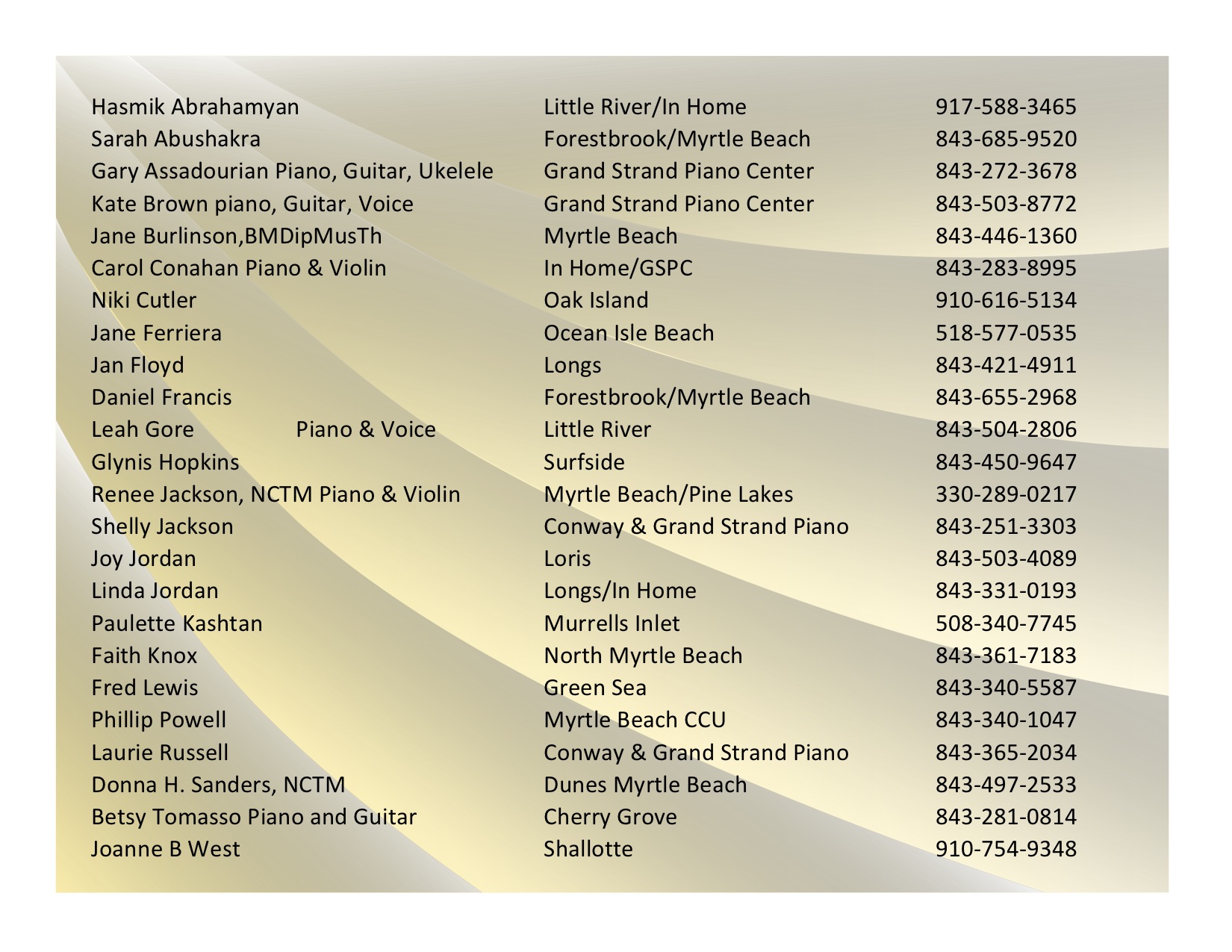 Music Teachers for the Grand Strand Area